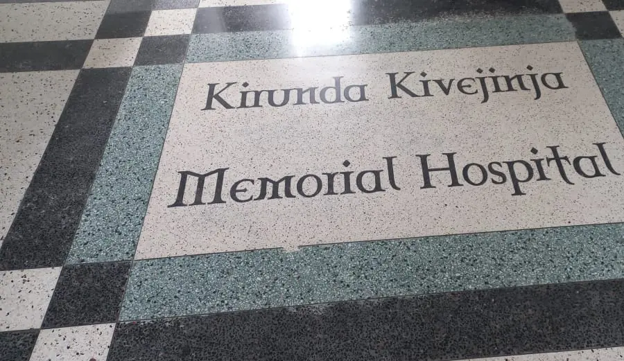 Terrazzo floor with the hospital name inlaid at Kirunda Kivenjinja Memorial Hospital